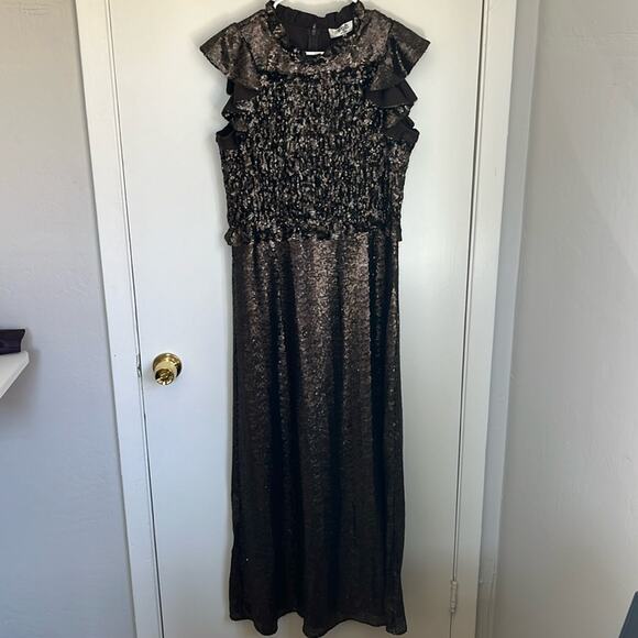 Sea New York Rachelle Smocked Sequined Midi Dress Size 12 Metallic - Picture 3 of 6